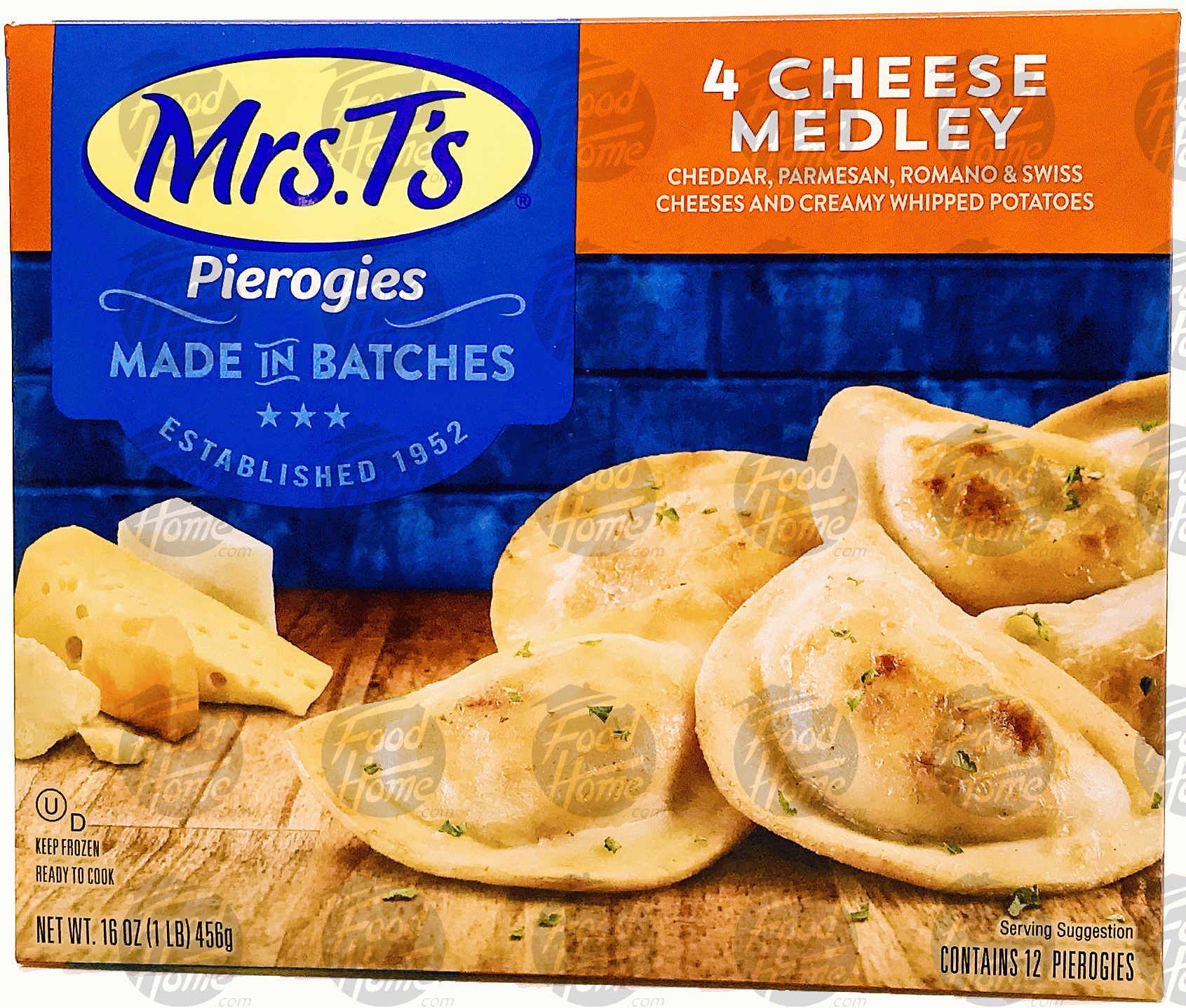 Mrs. T's Pierogies four cheese medley; cheddar, parmesan, romano & swiss and creamy whipped potatoes, 12 pierogies Full-Size Picture